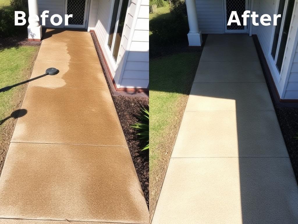 Concrete footpath before and after pressure cleaning