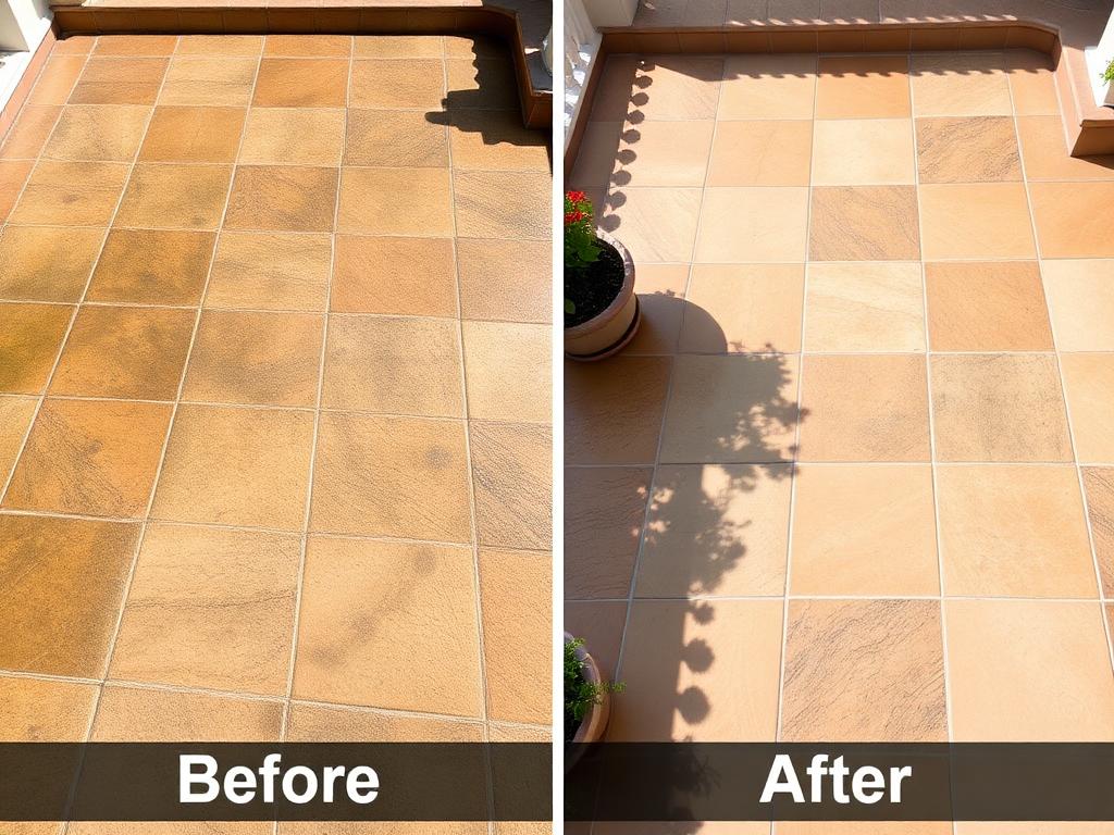 Outdoor patio tiles before and after pressure cleaning