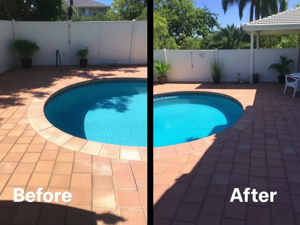 Pool area pavers before and after pressure cleaning