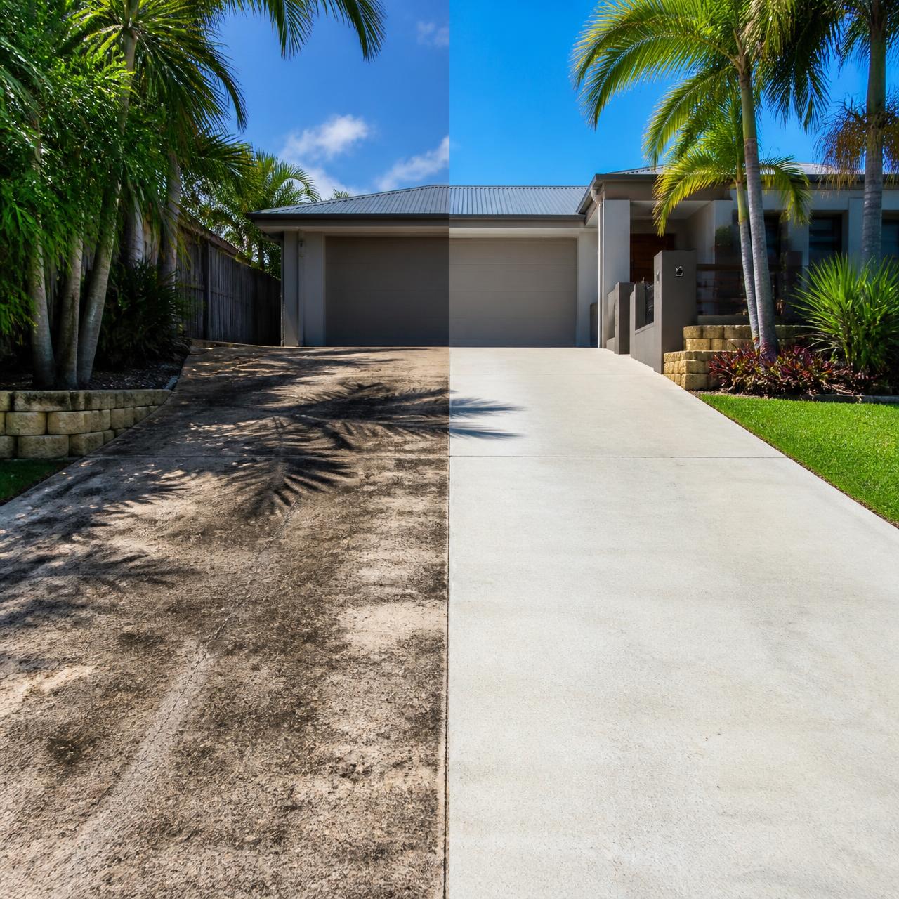 Driveway before and after pressure cleaning on the Sunshine Coast